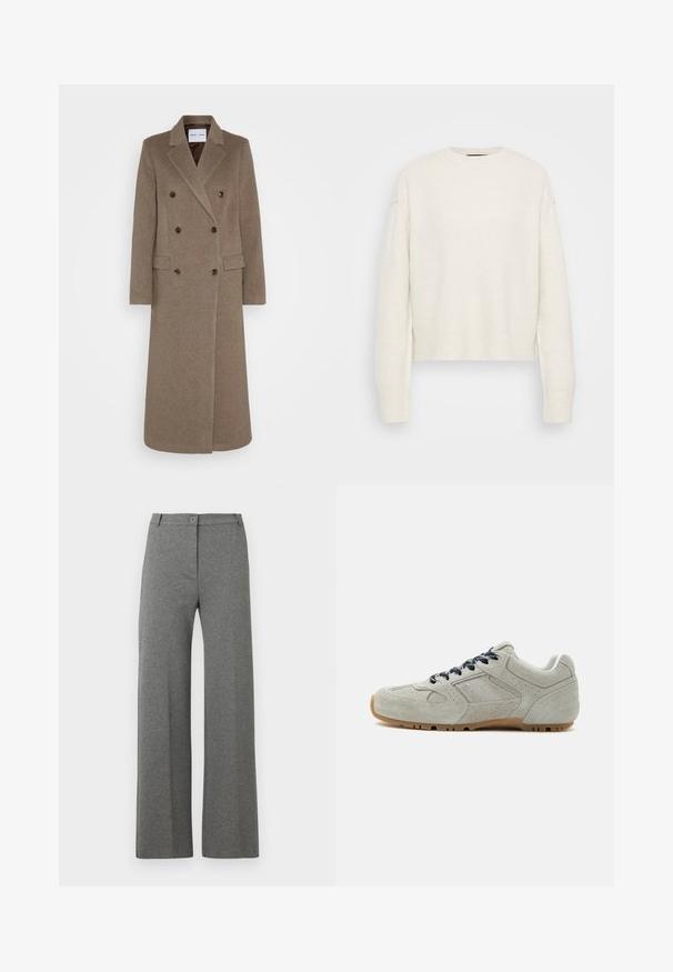 Manteau en laine marron à double boutonnage avec revers crantés, deux poches avant et boutons marron contrastants. Longueur atteignant le mollet.; Pull en tricot blanc avec un col rond et une silhouette décontractée. Il présente des poignets et un ourlet côtelés, fabriqué à partir d'un matériau texturé doux.; Pantalons larges gris en tissu texturé, dotés d'une fermeture à bouton sur le devant et de deux poches latérales. Design classique à coupe décontractée.; Baskets en daim gris clair avec des lacets bleu foncé et une semelle en caoutchouc gomme, vues de côté sur fond blanc.