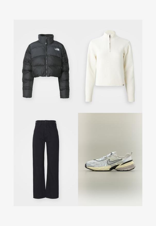 Afklippet sort pufferjakke med høj krave og frontlynlås. Har vandrette quiltede paneler og et lille logo på brystet.; Hvid, sweater med lynlås ved halsen og lange ærmer. Lavet af et blødt strikmateriale, med ribbede manchetter og kant. Diskret mærke-logo ved kanten.; Sorte højtaljede bredbenede jeans med frontknap og lynlås, bæltestropper og to forlommer på hvid baggrund.; Hvid og grå Nike-sneaker med mesh-overdel, sort swoosh, beige mellemsål og sort ydersål på en lys baggrund.