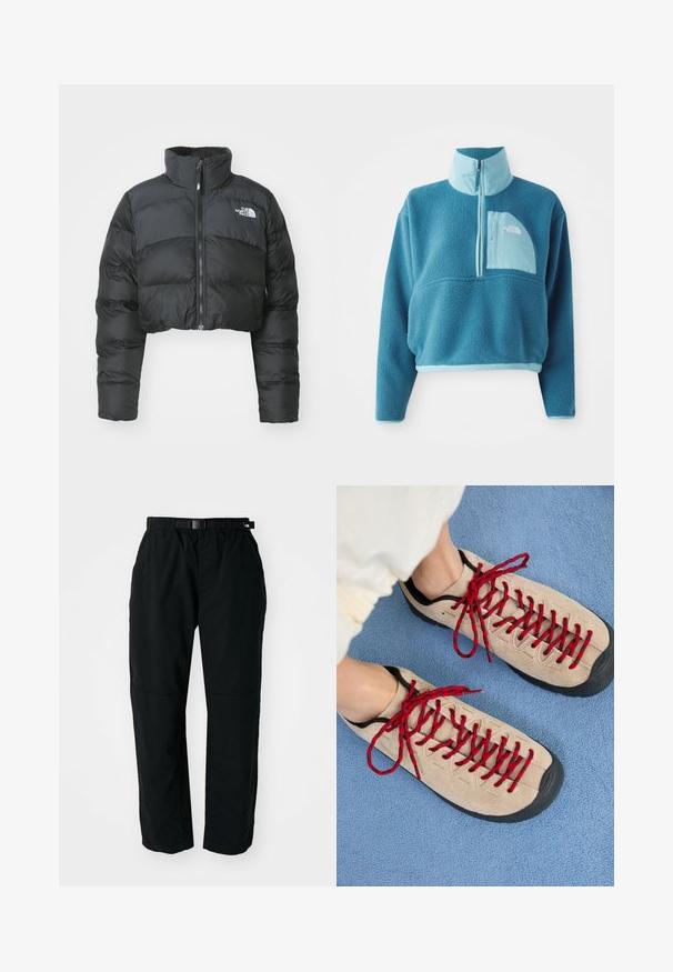 Afklippet sort pufferjakke med høj krave og frontlynlås. Har vandrette quiltede paneler og et lille logo på brystet.; Blå fleece trøje med delvis lynlås, høj krave og en frontlomme. Accentueret med en lysere blå kant og en stoftekstur.; Sorte letvægtsbukser med elastisk talje og justerbart bælte. Har tapered ben og forstærkede knæpaneler for holdbarhed.; Beige sko med røde snørebånd, placeret på en blå tekstureret overflade, delvist synliggørende en persons ankel. Skoene har et sporty design.