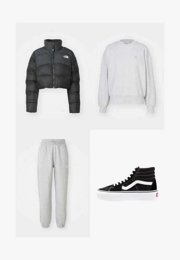 Gekürzte schwarze Daunenjacke mit hohem Kragen und Vorderreißverschluss. Sie verfügt über horizontale Stepppaneele und ein kleines Logo auf der Brust.; Carhartt WIP CASEY - Sweatshirt - ash heather/silver; Graue Sweatpants mit einem elastischen Bund und Kordelzug. Der Stoff ist weich, mit elastischen Bündchen an den Knöcheln und einem Logo-Detail.; Schwarze High-Top-Sneaker mit weißen Schnürsenkeln, einem weißen Logo und kontrastierendem weißen Nähten. Verfügt über eine dicke weiße Sohle und ein strukturiertes Wildleder-Obermaterial.