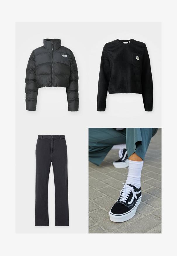 Gekürzte schwarze Daunenjacke mit hohem Kragen und Vorderreißverschluss. Sie verfügt über horizontale Stepppaneele und ein kleines Logo auf der Brust.; Schwarzer gerippter Strickpullover mit rundem Ausschnitt, langen Ärmeln und einer Fronttasche mit einem kleinen Logopatch. Verkürzte Länge.; Schwarze Jeans mit geradem Bein, vorderem Knopf- und Reißverschluss, Gürtelschlaufen und klassischem Fünf-Taschen-Design, flach auf weißem Hintergrund liegend.; Schwarze Wildledersneaker mit weißen Akzenten und Schnürsenkeln, ausgestattet mit einer dicken weißen Sohle und kontrastierenden Nähten, kombiniert mit einer weißen Socke.