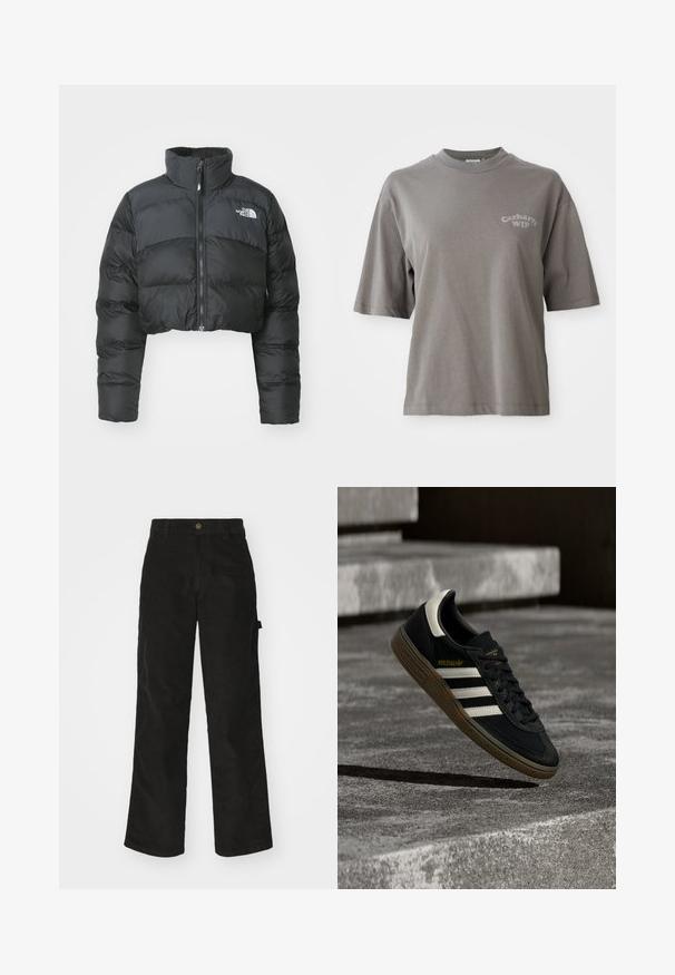 Gekürzte schwarze Daunenjacke mit hohem Kragen und Vorderreißverschluss. Sie verfügt über horizontale Stepppaneele und ein kleines Logo auf der Brust.; Grauer Baumwoll-T-Shirt mit kurzen Ärmeln, Rundhalsausschnitt und einem kleinen Carhartt WIP-Logo auf der Vorderseite gedruckt. Glatte Textur, lässige Passform.; Schwarze Cordhosen mit geradem Schnitt, ausgestattet mit einem Knopfverschluss und einer Seitenlasche. Glatte Textur mit feinen verticalen Streifen.; Schwarzer Adidas-Sneaker mit weißen Streifen und Gummisohle schwebt über grauen Betonstufen im natürlichen Licht.