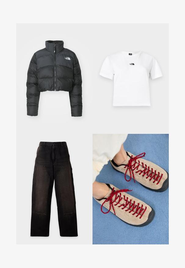 Korte zwarte pufferjack met een hoge kraag en een ritssluiting aan de voorkant. Beschikt over horizontaal gestikte panelen en een klein logo op de borst.; Wit katoenen t-shirt met korte mouwen, een ronde hals en een zwart The North Face-logo op de borst. Eenvoudig, onopgesmukt ontwerp.; Zwarte wijde broek met grote opgestikte voorzakken en riemlussen, getoond op een lichte, effen achtergrond.; Beige schoenen met rode veters, geplaatst op een blauwe, gestructureerde ondergrond, onthullen gedeeltelijk de enkel van een persoon. De schoenen hebben een sportief ontwerp.