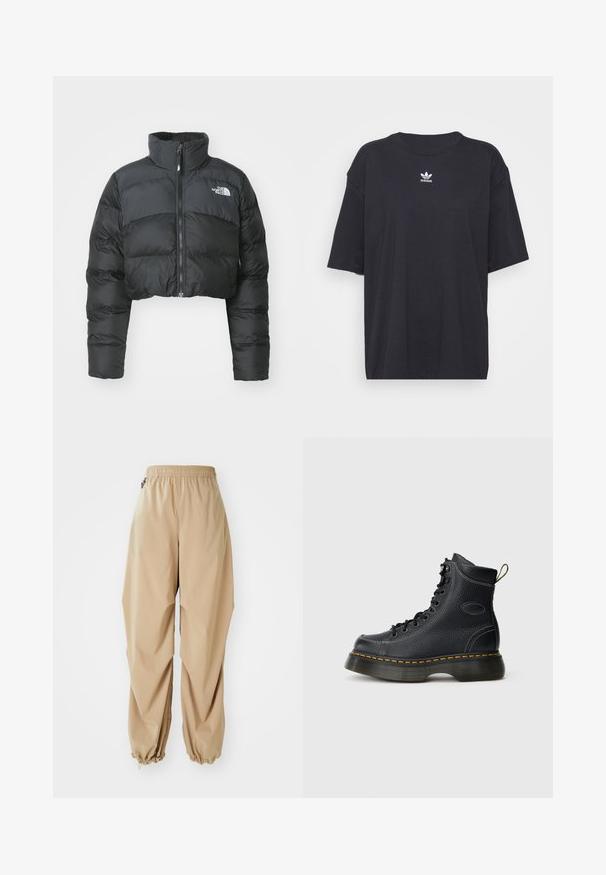 Afklippet sort pufferjakke med høj krave og frontlynlås. Har vandrette quiltede paneler og et lille logo på brystet.; Sort bomulds t-shirt med korte ærmer, rund halsudskæring, med et hvidt Adidas-logo på brystet. Enkel design, afslappet pasform.; Beige letvægtsbukser med elastisk talje, tapered manchetter og en glat tekstur, der har en afslappet pasform og ingen synlige mønstre eller udsmykninger.; Sorte læder snørebåndsstøvler med tekstureret finish, polstret ankel, gul syning og en kraftig sål, med et trækhåndtag bagpå.
