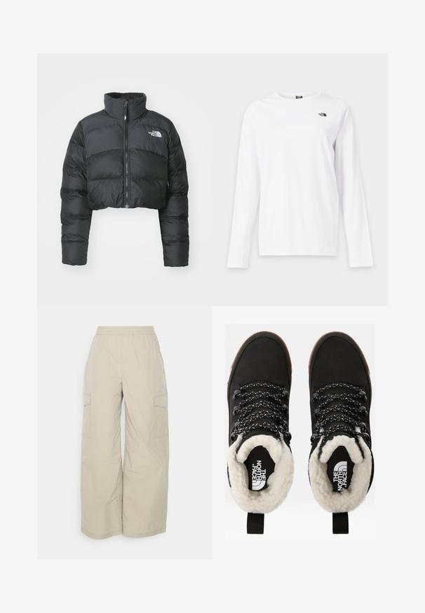 Afklippet sort pufferjakke med høj krave og frontlynlås. Har vandrette quiltede paneler og et lille logo på brystet.; Hvid langærmet T-shirt med rund hals og lille sort The North Face-logo på venstre bryst.; Beige cargo bukser lavet af let materiale, med elastisk bæltelinje, brede ben og sidelommer til opbevaring.; Sorte vandtætte ankelstøvler med for af faux pels, tekstureret stof, snørebånd med hvidt og sort mønster samt en løkker ved hælen.
