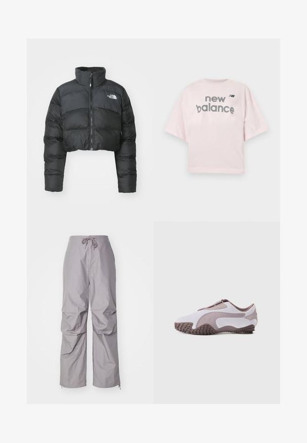 Korte zwarte pufferjack met een hoge kraag en een ritssluiting aan de voorkant. Beschikt over horizontaal gestikte panelen en een klein logo op de borst.; Lichtroze T-shirt met korte mouwen met de tekst "new balance" en een klein zwart "NB" logo gecentreerd op de borst.; Grijze, loszittende broek van lichtgewicht stof, met een trekkoord taille en taps toelopende boorden met ritssluitingen. Gecoate afwerking.; Lichtgrijze sportschoen met een zachte suède bovenkant, rubberen zool met textuurrijke spikes en een flexibel ontwerp. Zijlogo in een donkere tint.