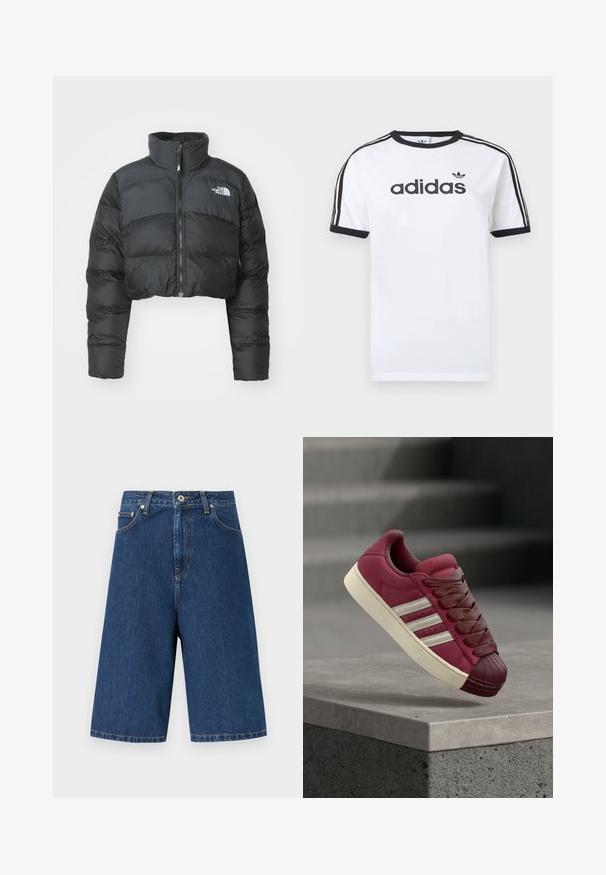 Korte zwarte pufferjack met een hoge kraag en een ritssluiting aan de voorkant. Beschikt over horizontaal gestikte panelen en een klein logo op de borst.; Wit katoenen T-shirt met zwarte accenten, voorzien van een ronde hals, korte mouwen, drie zwarte strepen op de schouders en het "adidas"-logo in het zwart.; Donkerblauwe denim kniebroek met knopen aan de voorkant, ritssluiting, riemlussen en zijzakken op een effen achtergrond.; Bordeauxrode suède sneaker met een rubberen shell-toe, voorzien van drie witte strepen, dikke veters en een gestructureerde tussenzool op een grijze ondergrond.