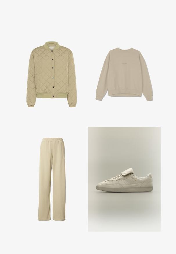 Veste bomber matelassée vert olive avec un col ribé, des boutons-pression et des poignets élastiques. Présente un motif en losanges texturé et des poches latérales.; Sweatshirt beige en coton doux, avec un col rond, des épaules tombantes et des poignets côtelés, ornée du mot "PEGAADOR" brodé sur le devant.; Pantalon large beige côtelé avec taille élastique et petit logo blanc discret sur la partie supérieure de la cuisse.; Basket basse blanche avec semelle texturée, laçage avant, languette rembourrée et marquage doré discret sur le côté, présentée sur un fond neutre.