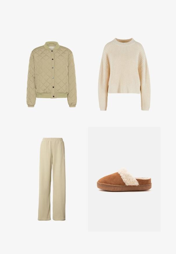 Veste bomber matelassée vert olive avec un col ribé, des boutons-pression et des poignets élastiques. Présente un motif en losanges texturé et des poches latérales.; Pull en tricot crème avec un col haut en côtes, des manches larges et un motif texturé sur l'ensemble. Design court avec un ourlet en côtes.; Pantalon large beige côtelé avec taille élastique et petit logo blanc discret sur la partie supérieure de la cuisse.; Chausson marron à enfiler avec une semelle épaisse et une bordure blanche duveteuse, conçu pour le confort et la chaleur intérieure.