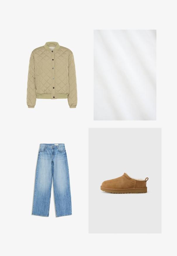 Veste bomber matelassée vert olive avec un col ribé, des boutons-pression et des poignets élastiques. Présente un motif en losanges texturé et des poches latérales.; Tissu blanc lisse avec des plis doux et une texture subtile, éclairé uniformément sans motifs ou dessins visibles.; Jean denim bleu clair à jambes larges avec poches avant, passants de ceinture, fermeture par bouton et détails délavés.; Chaussure mocassin en suède marron avec une douillette doublure en fourrure blanche, semelle plate en caoutchouc, bout arrondi et petite languette au talon.