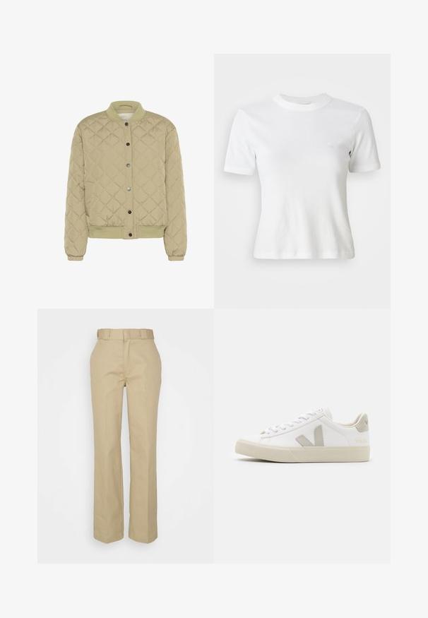 Veste bomber matelassée vert olive avec un col ribé, des boutons-pression et des poignets élastiques. Présente un motif en losanges texturé et des poches latérales.; T-shirt blance à manches courtes en côte, avec un col rond et un petit logo sur la poitrine. Fabriqué en tissu doux avec une coupe ajustée.; Pantalons beiges ajustés avec une coupe droite, passants de ceinture à la taille et une texture douce semblable à du coton. Simples et fonctionnels.; Baskets blanches en cuir avec des accents gris en forme de V, semelle en caoutchouc texturé, lacets blancs, et languette et col rembourrés.