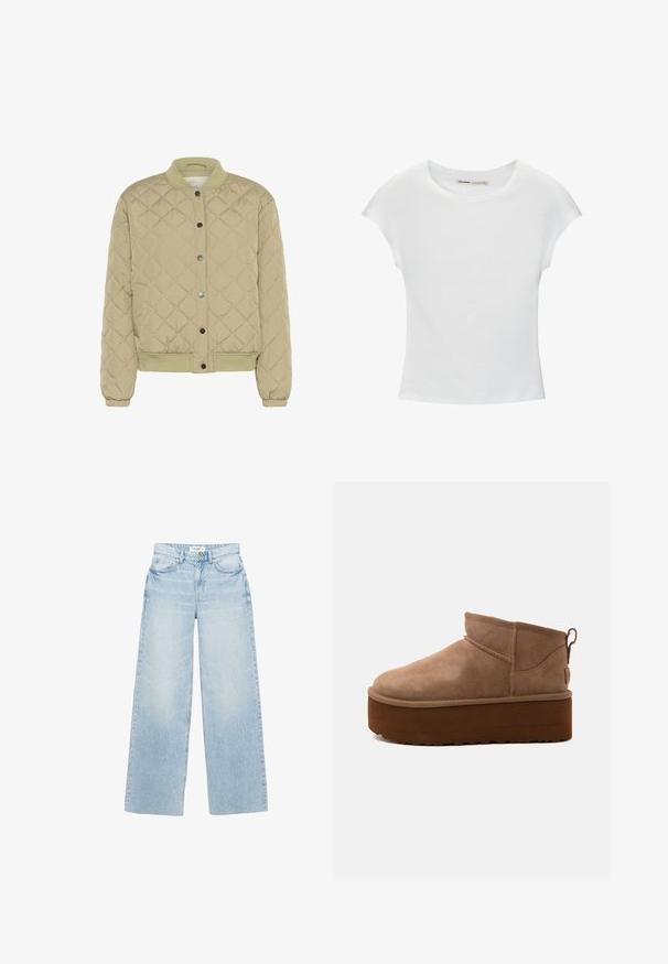 Veste bomber matelassée vert olive avec un col ribé, des boutons-pression et des poignets élastiques. Présente un motif en losanges texturé et des poches latérales.; T-shirt en coton blanc avec manches courtes retroussées, encolure ronde et ourlet droit. Texture lisse sans motifs ni accents visibles.; Jean large à lavage clair en denim. Caractérisé par une taille haute, cinq poches et une fermeture éclair avec bouton. Texture légèrement usée.; Bottine marron en daim de hauteur moyenne, style slip-on, avec une semelle épaisse compensée et un onglet à l’arrière sur fond clair.