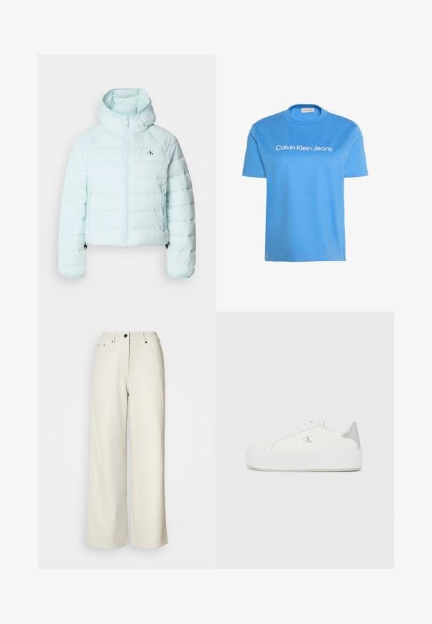 Calvin Klein Jeans LIGHTWEIGHT QUILTED JACKET PACKA - Ľahká bunda - light blue; Svetlomodré tričko s krátkym rukávom a okrúhlym výstrihom s bielym nápisom "Calvin Klein Jeans" cez hruď.; Krémové nohavice s širokými nohavicami vyrobené z hladkej látky. Majú stredne vysoký pás, zips a dve predné vrecká s čiernymi kovovými doplnkami.; Biele plátené tenisky s hrubou bielou podrážkou, so strieborným kovovým akcentom na päte a jemným logom na boku.