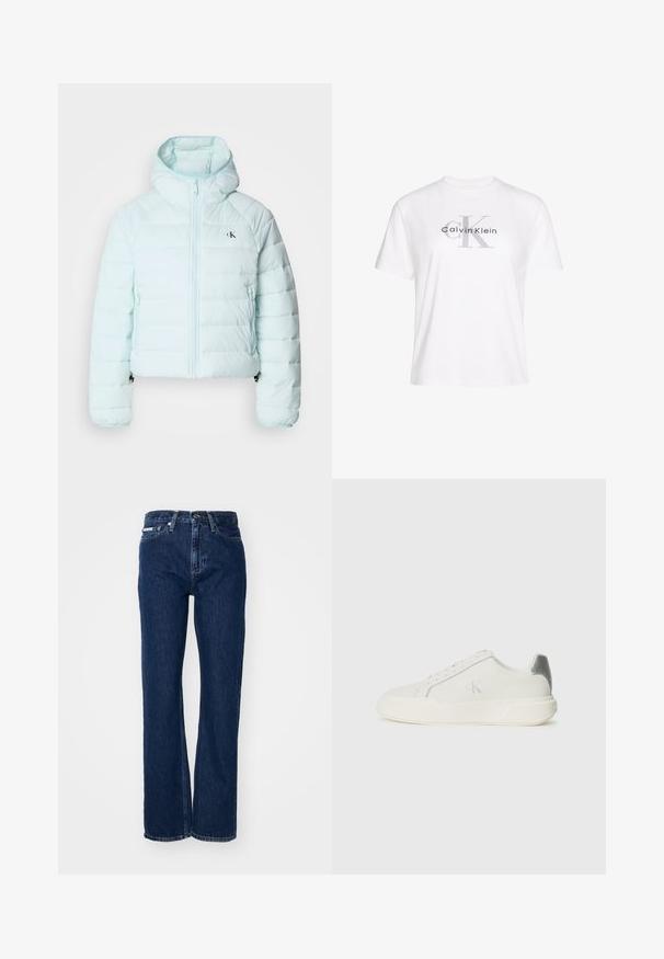 Calvin Klein Jeans LIGHTWEIGHT QUILTED JACKET PACKA - Ľahká bunda - light blue; Biele bavlnené tričko s krátkymi rukávmi, na ktorom je šedý potlačený nápis "Calvin Klein" a výrazný dizajn písmena "K" v strede.; Tmavomodré denimové nohavice s rovnými nohavicami, zapínanie na gombík a piatimi vreckami. Táto tkanina má miernu štruktúru s jemnými šitými detailmi.; Biele tenisky vyrobené z kože s hladkou textúrou, s strieborným akcentom na päte, plochou podrážkou a minimalisticým dizajnom.