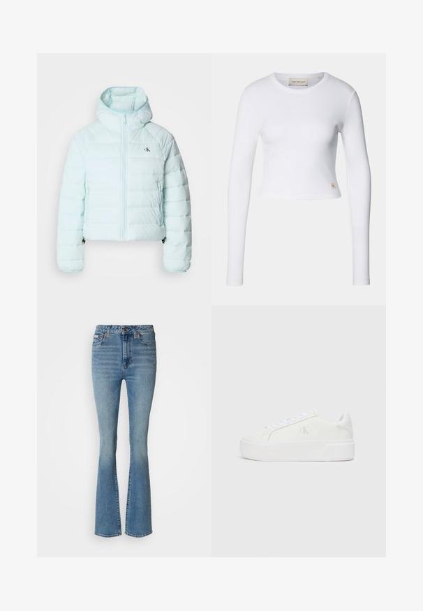 Calvin Klein Jeans LIGHTWEIGHT QUILTED JACKET PACKA - Chaqueta de entretiempo - light blue; Top corto de manga larga blanco hecho de tela acanalada. Presenta un escote redondo y una pequeña etiqueta de logo en la parte inferior izquierda.; Jeans acampanados de color azul claro, fabricados en denim, con una cintura alta, lavado desgastado y costuras visibles, y detalles en hardware marrón.; Zapatillas de plataforma blancas con parte superior de cuero suave, punta redondeada, cordones blancos y un sutil detalle de logotipo en el lateral. Suela de goma plana.