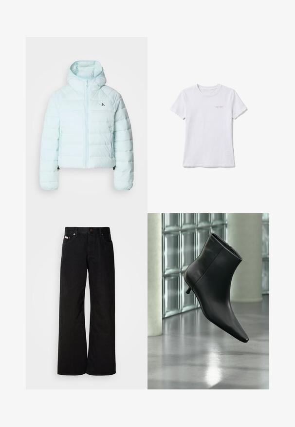 Calvin Klein Jeans LIGHTWEIGHT QUILTED JACKET PACKA - Overgangsjakke - light blue; Hvid T-shirt med korte ærmer og rund hals med lille "Calvin Klein" logo på øverste venstre bryst.; Sorte breddebenede jeans lavet af bomuld. Har forlommer, en knaplukning og en klassisk denimtekstur. Minimalistisk design uden mønstre.; Sort læderankelstøvle med spids tå og lav kitten-hæ, vist vinklet mod en poleret gulv- og glasblokvæg.