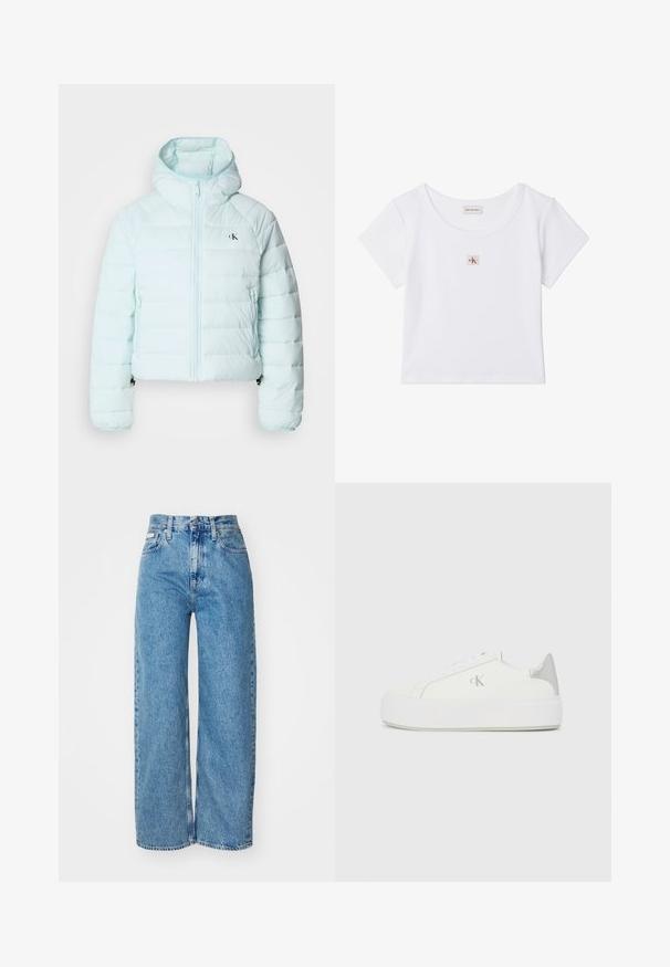 Calvin Klein Jeans LIGHTWEIGHT QUILTED JACKET PACKA - Chaqueta de entretiempo - light blue; Top corto blanco de manga corta con cuello redondo y pequeña etiqueta cuadrada con el logo de Calvin Klein Jeans en el centro delantero.; Jeans de mezclilla de pernera ancha en azul claro con cintura alta, dobladillo deshilachado y diseño de cinco bolsillos. La textura desgastada añade profundidad a la tela.; Zapatillas de lona blancas con una suela blanca gruesa, presentan un acento metálico plateado en el talón y un sutil detalle del logo en el lateral.