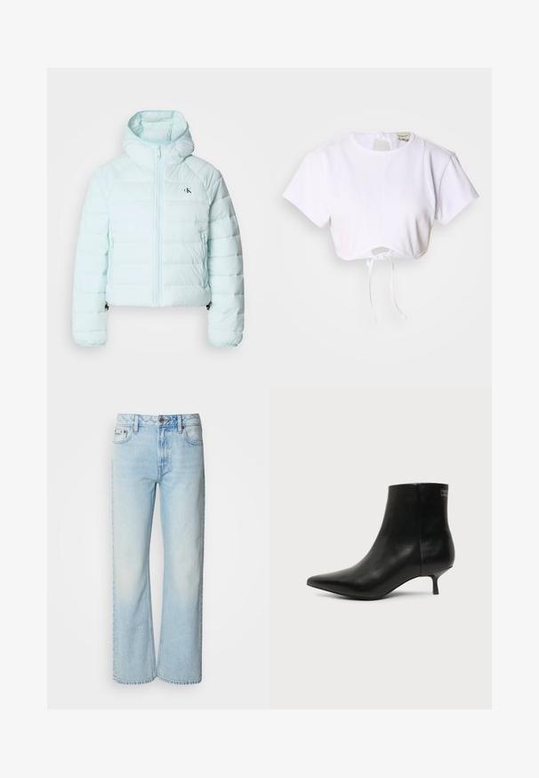 Calvin Klein Jeans LIGHTWEIGHT QUILTED JACKET PACKA - Übergangsjacke - light blue; Weißes, kurzes T-Shirt aus glattem Stoff. Mit rundem Ausschnitt, kurzen Ärmeln und einem Kordelzug am Saum zur Anpassung.; Helle blaue weit geschnittene Jeans aus Denim, mit einem klassischen Fünf-Taschen-Design und einer dezenten, gewaschenen Textur. Die Denim-Nähte sind sichtbar.; Schwarzer Leder-Knöchel-Stiefel mit spitzer Spitze und niedrigem Kittenabsatz vor hellem Hintergrund, seitliche Ansicht.