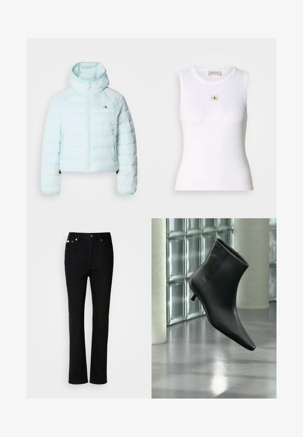 Calvin Klein Jeans LIGHTWEIGHT QUILTED JACKET PACKA - Ľahká bunda - light blue; Biele rebrované tielko bez rukávov s menovkou Calvin Klein Jeans na hrudi a vnútornou menovkou na krku.; Čierne džínsy s rovnými nohavicami, s predným gombíkom a zipsom, pútka na opasok a s piatimi vreckami.; Čierna kožená členková čižma so špicatou špičkou a nízkym kitten podpätkom, zobrazená šikmo na pozadí leštenej podlahy a steny zo sklenených blokov.