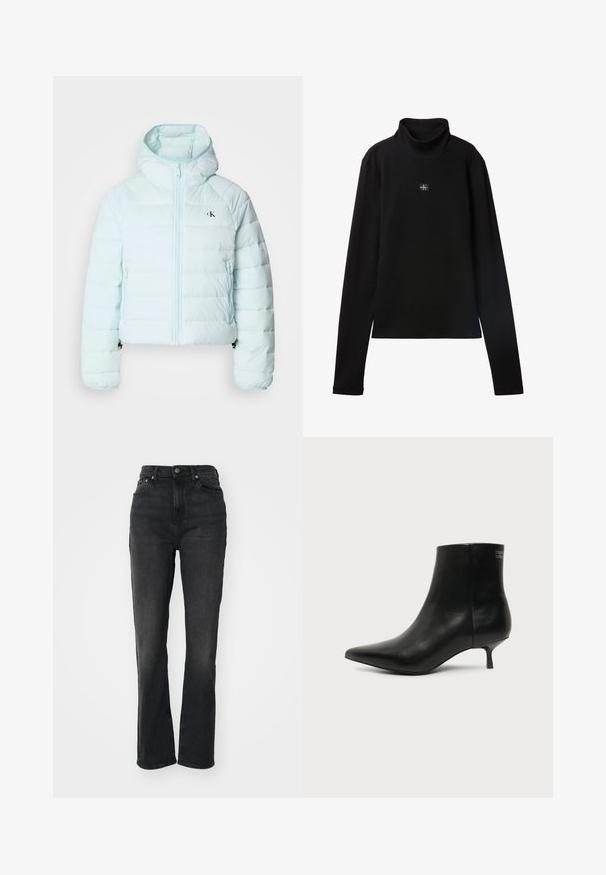 Calvin Klein Jeans LIGHTWEIGHT QUILTED JACKET PACKA - Overgangsjakke - light blue; Sort ribstrikket bluse med lange ærmer og lille firkantet Calvin Klein-logo placeret centralt på brystet.; Højtaljede sorte denim jeans med lige ben, fem-lomme design, frontlukning med knap og minimal syning.; Sort læder ankelstøvle med spids tå og lav kitten hæl på lys baggrund, der viser yderside.
