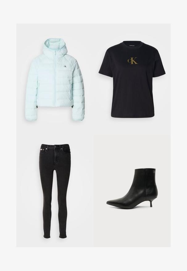 Calvin Klein Jeans LIGHTWEIGHT QUILTED JACKET PACKA - Jas - light blue; Zwart T-shirt met korte mouwen en een gouden glinsterend "cK"-logo in het midden van de borst, ronde hals en "Calvin Klein Jeans"-label aan de binnenkant van de kraag.; Zwarte skinny jeans van denim met een gladde textuur, voorzien van een ontwerp met vijf zakken, riemlussen en metalen knoopsluiting.; Zwart leren enkellaars met puntige neus en lage kittenhak op lichte achtergrond, zijaanzicht buitenkant.