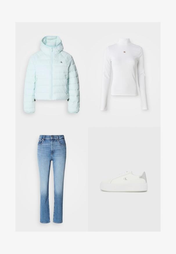 Calvin Klein Jeans LIGHTWEIGHT QUILTED JACKET PACKA - Overgangsjakke - light blue; Langærmet, hvid turtleneck-top lavet af ribbet materiale. Har et lille broderet logo i midten. Tæt pasform uden mønstre.; Blå denimjeans med høj talje, lige ben-design, falmede farvegradient og fem-lomme stil. Metalknap- og lynlås-lukning.; Hvide lærredssneakers med en tyk hvid sål, prydet med en metallic sølvaccent på hælen og en diskret logo-detalje på siden.