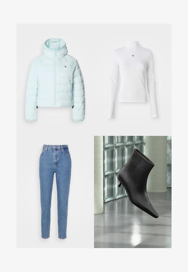 Calvin Klein Jeans LIGHTWEIGHT QUILTED JACKET PACKA - Ľahká bunda - light blue; Dlhý rukáv, biely rolák vyrobený z ryhľovanej látky. Obsahuje malé vyšívané logo v strede. Priliehavý strih bez vzorov.; Modré vysoko sohnuté rovné nohavice s predným gombíkom a zipsom, pútka na opasok a vrecká, vystavené na jednoduchom bielom pozadí.; Čierna kožená členková obuv s ostrou špičkou a nízkym podpätkom, zobrazená na pozadí steny zo sklenených blokov a leštenej podlahy.