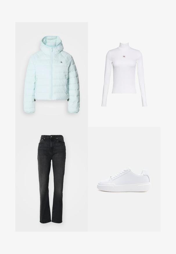 Calvin Klein Jeans LIGHTWEIGHT QUILTED JACKET PACKA - Ľahká bunda - light blue; Biele tričko s dlhým rukávom a rolákom s malým logom Calvin Klein umiestneným v strede na hrudi na jednoduchom bielom pozadí.; Čierne džínsy so zvýšeným pásom, rovné nohavice, dizajn s piatimi vreckami, zapínanie na predný gombík a minimálne švy.; Biely nízky topánok s viazaním na šnúrky, hrubou podrážkou a hladkým zvrškom, zobrazený z vonkajšej strany na jednoduchom svetlom pozadí.