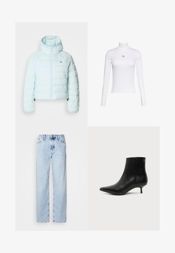 Calvin Klein Jeans LIGHTWEIGHT QUILTED JACKET PACKA - Veste mi-saison - light blue; Haut blanc à manches longues avec col roulé et petit patch logo Calvin Klein centré sur la poitrine sur fond blanc uni.; Jeans large bleus clairs en denim, avec une taille haute, un lavage décoloré et un motif tie-dye subtil à l'avant.; Bottine en cuir noir avec bout pointu et petit talon kitten sur fond clair, vue côté extérieur.