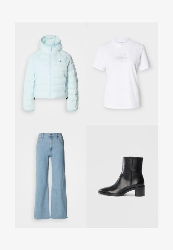 Calvin Klein Jeans LIGHTWEIGHT QUILTED JACKET PACKA - Overgangsjakke - light blue; Hvid bomulds t-shirt med korte ærmer, der har et gråt logo foran, rund halsudskæring og klassisk pasform.; Lyseblå vidde jeans lavet af denim, med en tætsiddende talje, fem-lomme design og subtile syningsdetaljer.; Sorte læderankelstøvle med spids tå, lav blokhæl og subtilt præget logo. Glat tekstur med et elegant design og minimal søm.
