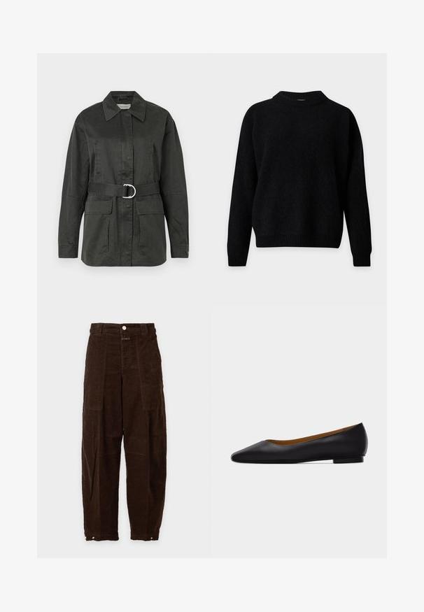 Chaqueta utilitaria de color verde oscuro, hecha de una mezcla de algodón, con collar puntiagudo, bolsillos frontales, cinturón con hebilla circular plateada y un corte relajado.; Jersey negro de manga larga con cuello redondo con cuello, puños y dobladillo acanalados, mostrado sobre un fondo blanco.; Pantalones de pana marrón oscuro de pierna ancha con cintura alta, bolsillos delanteros tipo parche, cierre de botón y puños ajustables con broches en los tobillos.; Zapato plano de punta puntiaguda de cuero negro con tacón bajo y acabado liso, mostrado de perfil sobre un fondo gris claro.