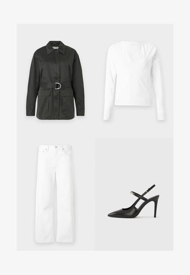 Chaqueta utilitaria de color verde oscuro, hecha de una mezcla de algodón, con collar puntiagudo, bolsillos frontales, cinturón con hebilla circular plateada y un corte relajado.; Camisa blanca de manga larga hecha de algodón, con escote en V y una fila de pequeños botones. Textura suave, diseño ajustado, detalle simple en el dobladillo inferior.; Vaqueros blancos de corte recto con cinco bolsillos, cierre de botón y detalles de costuras visibles.; Tacones altos slingback de cuero negro con punta afilada, diseño con recortes y correa ajustable con herrajes metálicos.