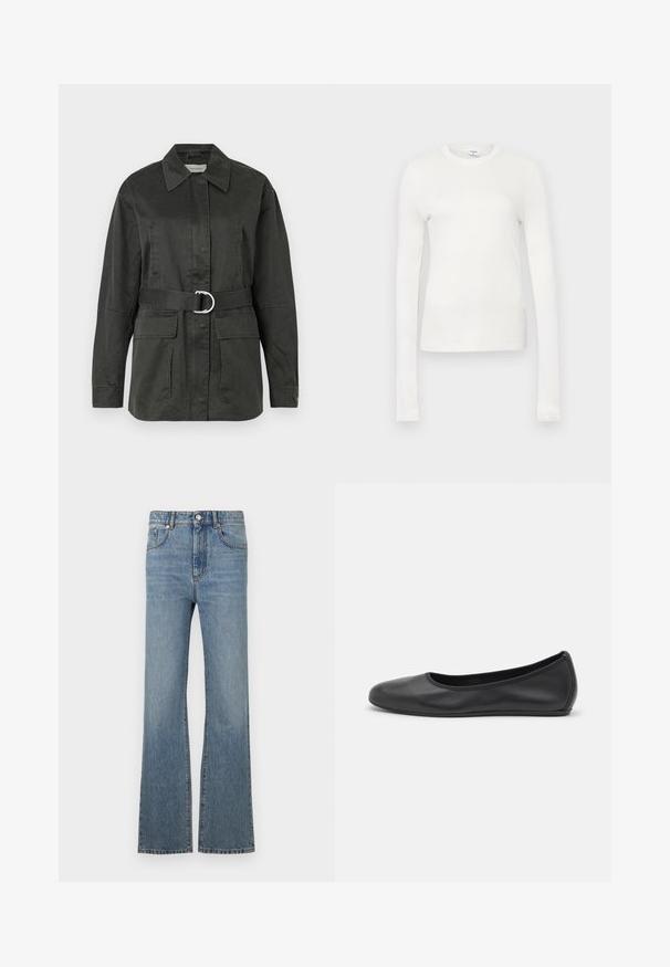 Chaqueta utilitaria de color verde oscuro, hecha de una mezcla de algodón, con collar puntiagudo, bolsillos frontales, cinturón con hebilla circular plateada y un corte relajado.; Camiseta blanca de manga larga hecha de algodón suave. Presenta un escote redondo, silueta ajustada y textura suave. Sin patrones ni acentos.; Jeans de mezclilla azul claro con pierna acampanada, cintura alta, bolsillos frontales y costuras en contraste. Diseño simple con cierre de botón clásico.; Bailarina de piel negra con punta redondeada, textura suave, detalle de costura minimalista y diseño de suela flexible.