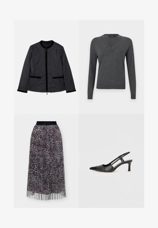 Sort, let jakke med rund krave, lynlås foran og to sidelommer. Har velourdetaljer langs kraven og lommerne.; Mørkegrå langærmet V-hals sweater med ribbet manchetter, kant og halsudskæring, vist på en helt hvid baggrund.; Plisseret nederdel med gennemsigtigt leopardprintstof og bredt sort elastikbånd i taljen.; Sort læder slingback-sko med spids tå, der har en blank accent på tåhætten og en mellemhøj hæl. Åben sidesektion.