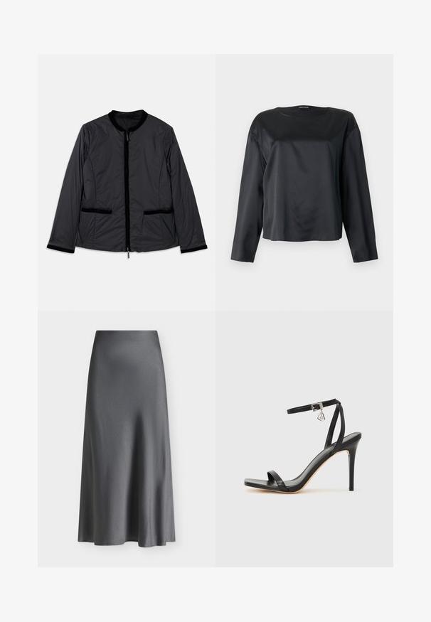 Veste noire légère avec col rond, fermeture éclair à l'avant et deux poches latérales. Présente des accents en velours le long du col et des poches.; Blouse noire en satin à manches longues avec un col rond et une coupe décontractée, présentée à plat sur un fond clair.; Jupe midi en satin gris foncé taille haute avec une texture lisse et un ourlet légèrement évasé sur fond blanc uni.; Sandale à talon haut noire avec une bride étroite à la cheville, bout carré, cuir lisse et accent de boucle métallique.