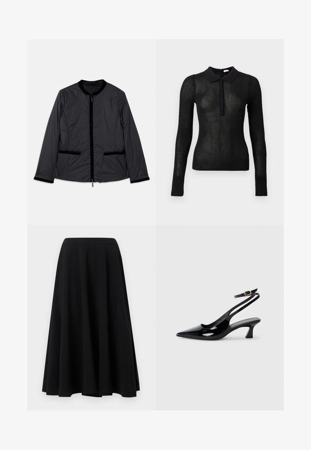 Veste noire légère avec col rond, fermeture éclair à l'avant et deux poches latérales. Présente des accents en velours le long du col et des poches.; Haut en tricot noir à manches longues, ajusté, avec une texture transparente et un col uni, patte de boutonnage à l'avant, présenté sur un fond uni.; Jupe noire mi-longue avec coupe évasée en ligne A et taille cintrée, présentée sur un fond uni clair.; Escarpins à brides arrière en cuir verni noir, à bout pointu, avec un petit talon carré et une sangle de cheville ajustable dotée d'une boucle dorée.