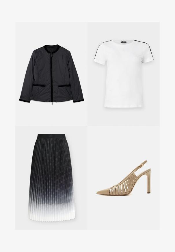 Sort, let jakke med rund krave, lynlås foran og to sidelommer. Har velourdetaljer langs kraven og lommerne.; Hvid kortærmet T-shirt med rund hals, sorte striber på skuldrene og EA7 Emporio Armani-logo på brystet og indersiden af kraven.; Sort-hvid ombré plisseret nederdel med subtilt spredt blomsterprint og ensfarvet sort taljebånd.; Beige høje hæle slingback sko med spids tå og cut-out remdesign, med en guldbeklædning på ankelremmen.
