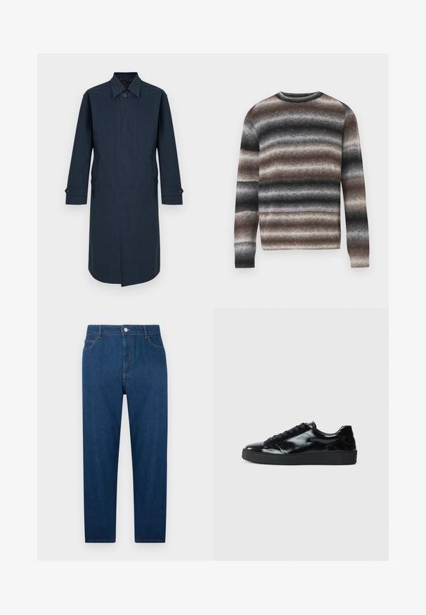 Trench-coat pour homme, bleu marine foncé, à simple boutonnage, col pointu, poignets boutonnés et boutons avant dissimulés, présenté sur un fond blanc.; Pull en tricot avec des rayures horizontales dans des tons de marron, gris et noir. Col rond, manches longues, poignets et ourlet côtelés.; Jean droit en denim bleu foncé avec bouton et fermeture éclair à l'avant, design à cinq poches et coutures visibles à la taille et sur les poches.; Baskets en cuir verni noir avec un bout arrondi, un laçage, une semelle en caoutchouc texturé et une finition lisse.