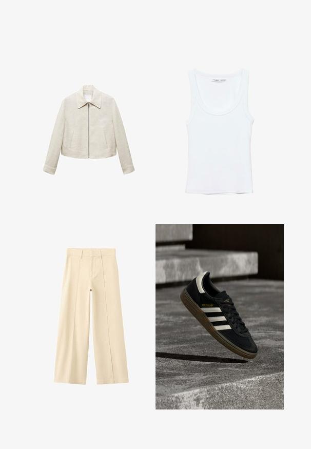 Beige linnen jack met een kraag, rits aan de voorkant en twee zijzakken. Heeft een cropped model en een gladde textuur.; Effen witte mouwloze tanktop met ronde hals, gemaakt van zachte stof, met een label aan de binnenkant van de kraag dat merk en maat aangeeft.; Beige, hoog getailleerde, wijde broek met ceintuurlussen en een voornaad op elk been tegen een witte achtergrond.; Zwarte Adidas sneaker met witte strepen en gumzool die boven grijze betonnen trappen zweeft in natuurlijk licht.