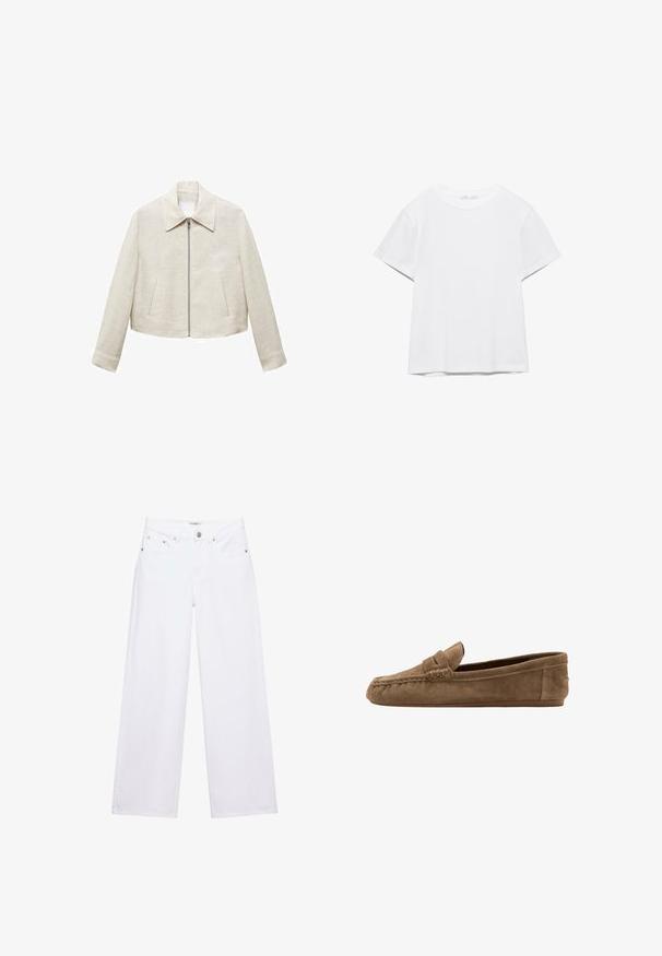Beige linnen jack met een kraag, rits aan de voorkant en twee zijzakken. Heeft een cropped model en een gladde textuur.; Effen wit T-shirt met korte mouwen en ronde hals, met een rechte zoom, gepresenteerd tegen een witte achtergrond.; Witte jeans met hoge taille en wijde pijpen, voorzien van knoop- en ritssluiting, voor- en achterzakken, en zilverkleurige klinknageldetails.; Bruine suède loafer met stikseldetail, lage hak en bandje over de bovenkant, zijaanzicht op een witte achtergrond.