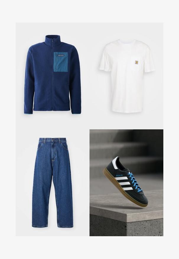 Marineblauwe fleecejas met een hoge kraag, voorzien van een contrasterende blauwe ritszak op de borst en twee zijzakken. Zachte, gestructureerde stof.; Witte katoenen t-shirt met korte mouwen, een borstzak en een klein vierkant logo-opdruk in oranje en wit op de zak.; Denim wijde broek in donkerblauw. Kenmerken zijn een hoge taille, riemlussen en een klassiek vijf-pocket ontwerp. Gestikte zoom met een schone afwerking.; Zwarte Adidas-sneaker met witte strepen, blauwe veters en een gumzool die boven een grijze betonnen trede zweeft in zacht licht.