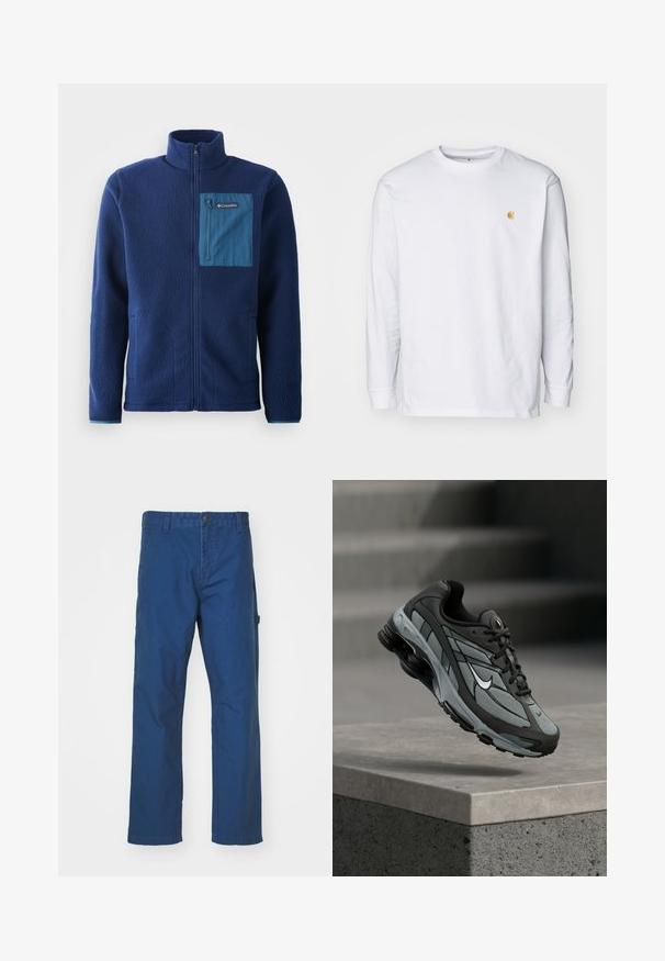 Marineblauwe fleecejas met een hoge kraag, voorzien van een contrasterende blauwe ritszak op de borst en twee zijzakken. Zachte, gestructureerde stof.; Witte lange mouwen t-shirt van katoen. Voorzien van een klein gouden logo op de borst en een ronde hals. Eenvoudig ontwerp en standaard pasvorm.; Blauwe katoenen twill broek met een rechte pasvorm, voorzien van een knoopsluiting en zijzakken. Gladde textuur, geen zichtbare patronen of accenten.; Grijze en zwarte sportieve sneaker met meshpanelen en dikke zool, zwevend in de lucht boven een betonnen richel met trappen op de achtergrond.
