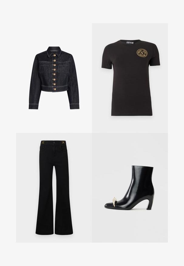 Chaqueta recortada de mezclilla oscura con un diseño estructurado, cierre frontal con botones en tono dorado, bolsillos en el pecho y costuras en blanco en contraste.; Camiseta negra de manga corta con cuello redondo y pequeño logo dorado "Versace Jeans Couture" en el pecho izquierdo.; Jeans acampanados negros con cintura alta, cinco bolsillos, detalles en hardware dorado y textura suave de mezclilla.; Botín negro realizado en cuero brillante, con punta afilada y un detalle decorativo en dorado y plateado en la parte frontal. Diseño de tacón cuadrado.