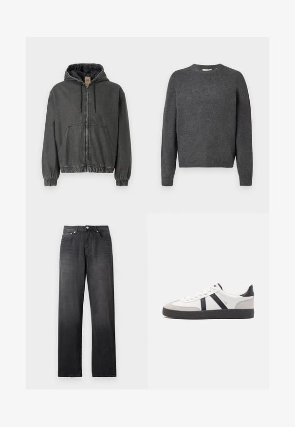 Grå denim hættejakke med lynlåslukning, elastiske manchetter og talje. Har store forlommer og et quiltet indre fôr.; Mørkegrå sweater lavet af blødt strikkemateriale, med rund hals, lange ærmer og ribkant ved bund og ærmer. Enkel design, uden mønstre.; Sorte, højtaljede straight-leg jeans med frontknap og lynlås, to forlommer og diskrete falmede detaljer.; Hvide sneakers med sorte og grå detaljer, med en tekstureret grå tåhætte, sort gummisål og flade hvide snørebånd. Rent design, minimalistisk stil.