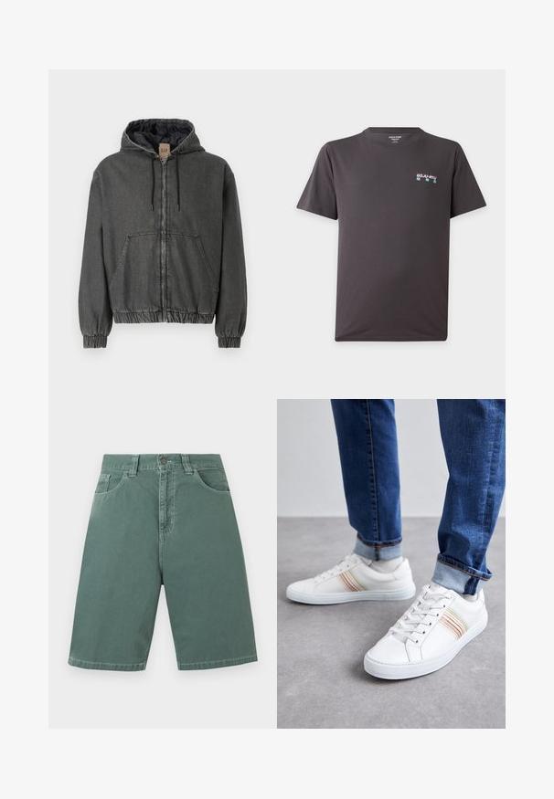 Grijze denim hoodie met een ritssluiting, elastische manchetten en een tailleband. Heeft grote voorzakken en een gewatteerde binnenvoering.; Donkergrijs T-shirt met korte mouwen met kleine roze en groene "GOJU-RYU" tekst en Japanse tekens op de linker bovenborst.; Groene denim shorts met hoge taille en knie-lengte, voorzien van knopen aan de voorkant, ritssluiting, riemlussen en twee zichtbare steekzakken aan de voorkant, afgebeeld tegen een effen achtergrond.; Witte leren sneakers met meerkleurige strepen, vetersluiting, rubberen zool en gevoerd kraagje, gecombineerd met blauwe spijkerbroek.