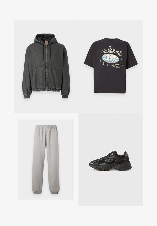 Grijze denim hoodie met een ritssluiting, elastische manchetten en een tailleband. Heeft grote voorzakken en een gewatteerde binnenvoering.; Zwart Adidas T-shirt met een beige en blauw wereldbolgrafiek, handgeschreven Adidas-logo, sterren en de tekst "Three Stripes. One World."; Lichtgrijze joggingbroek met elastische tailleband en boorden, rechte pijpen, gemaakt van zachte stof.; Zwarte sportsneakers met een bovenwerk van mesh en synthetisch materiaal, een gebogen zool, gewatteerde kraag en subtiele logo-accenten. Getextureerde details op de zijkanten.