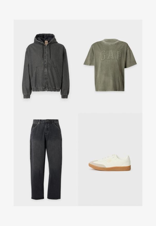 Grijze denim hoodie met een ritssluiting, elastische manchetten en een tailleband. Heeft grote voorzakken en een gewatteerde binnenvoering.; Groen T-shirt met korte mouwen, ronde hals en verhoogde gestikte letters die GAP op de borst spellen.; Zwarte rechtlopende spijkerbroek met voorzakken, riemlussen, knoop en ritssluiting, afgebeeld op een effen lichtgrijze achtergrond.; Schoen gemaakt van wit leer met een beige teenkap en een lichtbruine rubberen zool. Voorzien van platte witte veters en reliëfbranding aan de zijkant.