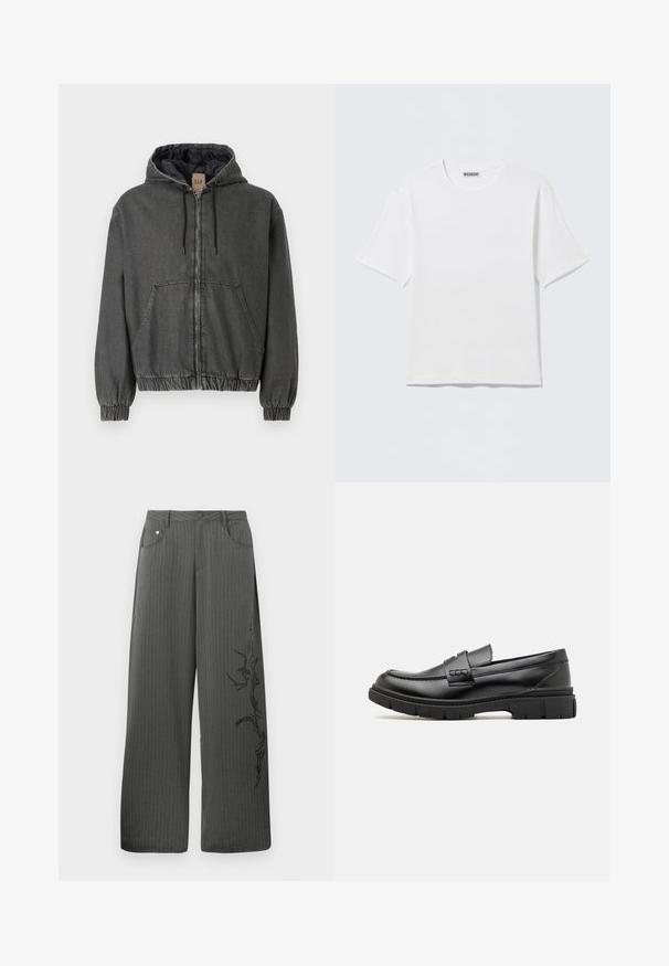 Grå denim hættejakke med lynlåslukning, elastiske manchetter og talje. Har store forlommer og et quiltet indre fôr.; Hvid, kortærmet t-shirt med rund hals og et lille "WEEKDAY"-mærke på indersiden af bagkraven, vist på en flad overflade.; Bredbenede, mørkegrå stofbukser med striber, som har forlommer og et sort dekorativt print på venstre side.; Sort læder loafersko med en bred rem over forfoden, gummisål med tykke mønstre og glat overflade. Klassisk, slankt design.