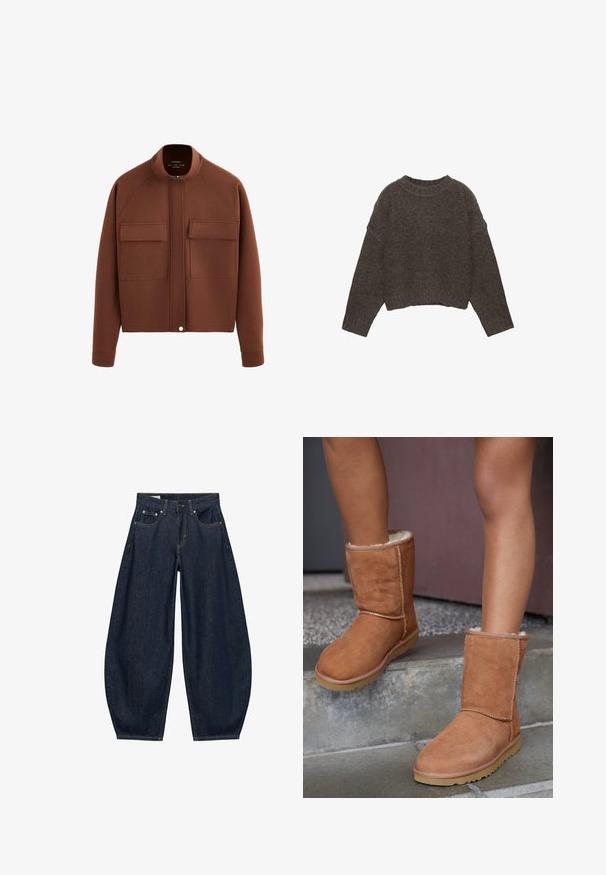 Veste marron à manches longues, col montant, deux grandes poches avant à rabat et fermeture à pression en bas.; Pull marron court avec un motif en maille texturée, manches larges et col côtelé, offrant une coupe décontractée.; Jean en denim bleu foncé à jambes larges avec poches avant, passants de ceinture et fermeture par bouton à la taille.; Bottines en suede marron, à bout rond, avec une doublure douce et une semelle en caoutchouc, présentant des détails de couture visibles le long des coutures.