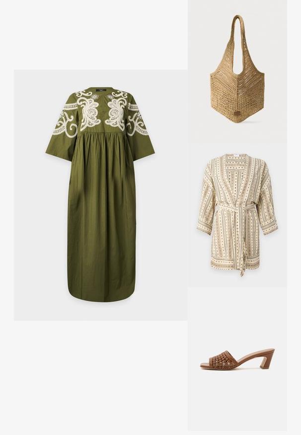 Lett, cremet morgenkåbe med lodrette sorte og grønne striber, prikkede mønstre og bindebælte. Har trekvartærmer og en løs pasform.; Lang olivengrøn kjole med brede ærmer og indviklet hvid blonderbroderi på skuldre og overarme.; Brun flettet mule med åben tå, blokhæl og slip-on design på en ensfarvet hvid baggrund.; Vævet beige mulepose med lange håndtag, åbenvævet mønster og en lille rektangulær læderlabel nederst foran.